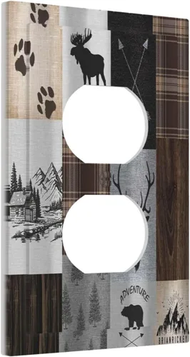 Miniatura 2 de Cubiertas de pared de lodge rústico retro con diseño de osos, ciervos y animales salvajes. Placas de pared dúplex simples para interruptor de luz.