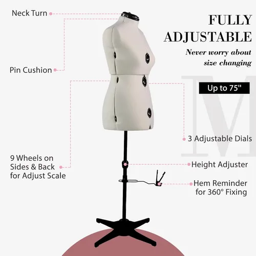 Miniatura 7 de Formas de vestido para costura, maniquí femenino beige ajustable talla 12-18, cuerpo de modelo que se puede alfiletear con 13 diales y guía