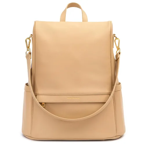 Miniatura 17 de MIA + SOPHIA Mochila de cuero para pañales con puerto de carga USB, cambiador, correas para cochecito y portabotellas (Marrón Mia)