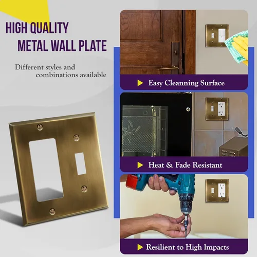 Miniatura 5 de ENERLITES - Placa de pared combinada de acero inoxidable para interruptor de palanca y decorativo, resistente a la corrosión, tamaño 4.50x4.57 Latón
