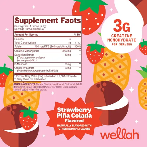 Miniatura 2 de Wellah Creatina para Mujeres (50 porciones, Fresa Piña Colada) - Monohidrato de creatina con extracto de diente de león y arándano