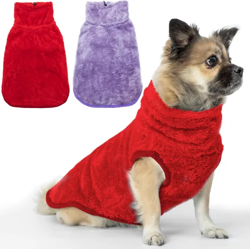 Miniatura 10 de Chaqueta para perros para clima frío, 2 paquetes de ropa de abrigo de invierno cálida de cuello alto para mascotas, abrigo de felpa ajustable