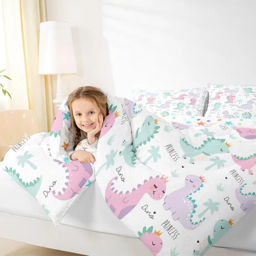 Miniatura 6 de Erosebridal Juego de edredón de dinosaurio, juegos de ropa de cama de dinosaurios rosa y morado para niñas, bonito edredón de animales lindos Multi