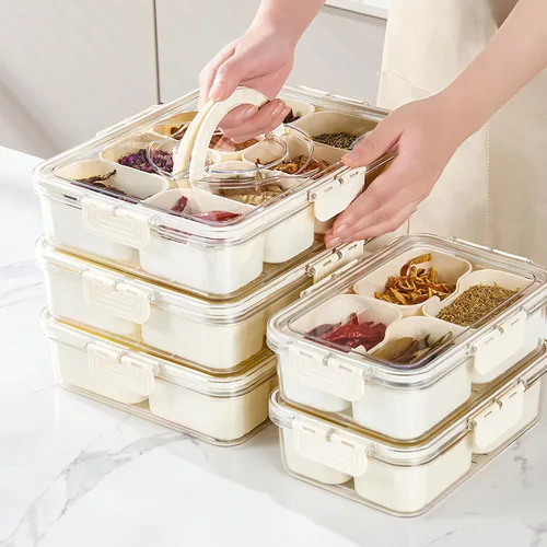 Miniatura 9 de Caja dividida para aperitivos con asa, bandeja para servir alimentos, tabla de charcutería con tapa, contenedor apilable de frutas y verduras con 8