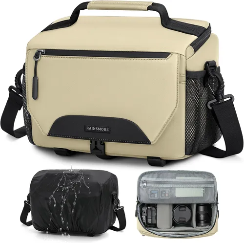 Miniatura 10 de RAINSMORE Bolsa para cámara, pequeña, de bandolera, para cámara DSLR/SLR/sin espejo, bolsa de hombro impermeable con soporte para trípode y cubierta