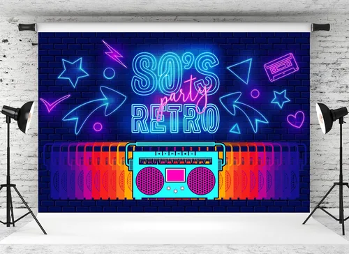 Miniatura 2 de Telón de fondo retro de 5 x 3 pies para fiesta de los años 80 con letras de neón Boombox, cinta de cassette de ladrillo para fiesta temática