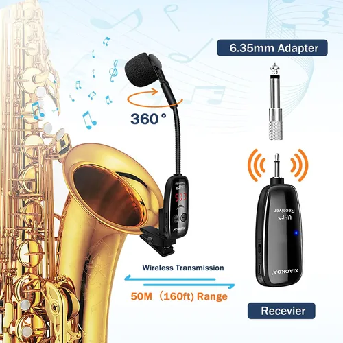 Miniatura 3 de Micrófono inalámbrico para saxofón, micrófonos UHF para saxofón, micrófono con clip de carga y pantalla digital, para trompeta, tuba, trombón