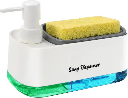 Miniatura 7 de Juego de dispensador de jabón para platos de cocina, dispensador de jabón para platos y manos con soporte para esponja, esponja de encimera 3 en 1