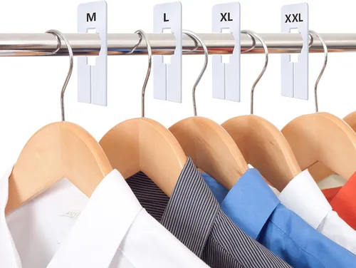 Miniatura 7 de Paquete de 40 separadores rectangulares de plástico blanco para perchas de armario por tallas de ropa, preimpresos en 8 tallas XXS, XS, S, M, L, XL