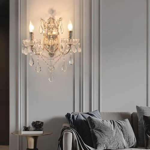 Miniatura 5 de YLONG-ZS Aplique de pared de cristal de campo francés, 2 luces envejecidas estilo vela de oro blanco con cristales de lágrima, decoración