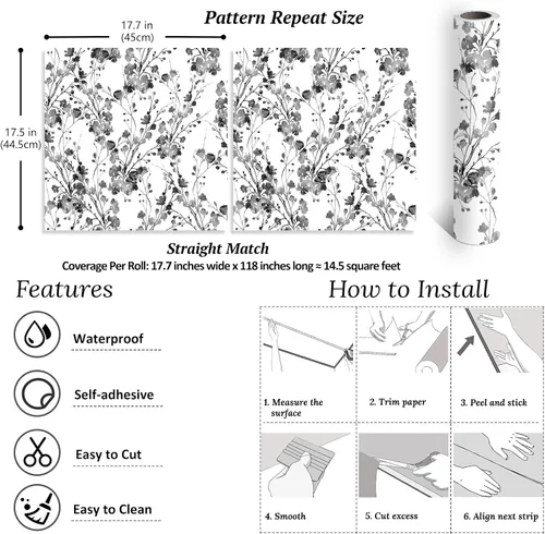 Miniatura 8 de VEELIKE Chinoiserie - Papel tapiz floral bohemio para despegar y pegar en blanco y negro, 17.7 x 118 pulgadas, decoración de pared autoadhesivo