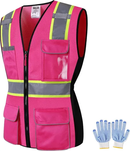 Miniatura 16 de Chaleco de seguridad para mujer, múltiples bolsillos, de alta visibilidad, reflectante, malla transpirable, chaleco de trabajo para dama, cremallera