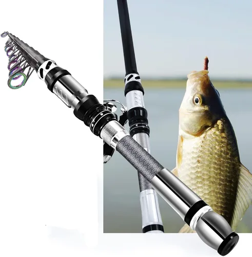 Miniatura 8 de Juego combinado de caña giratoria y carrete de pesca portátil, punta de caña fluorescente de fibra de carbono, con señuelos de pesca, bolsa de Gris