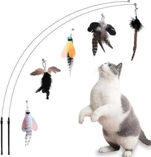 Yauende Juguetes de plumas para gatos, juguetes interactivos para gatos de interior, 2 piezas de alambre flexible y 5 juguetes de plumas de gato,