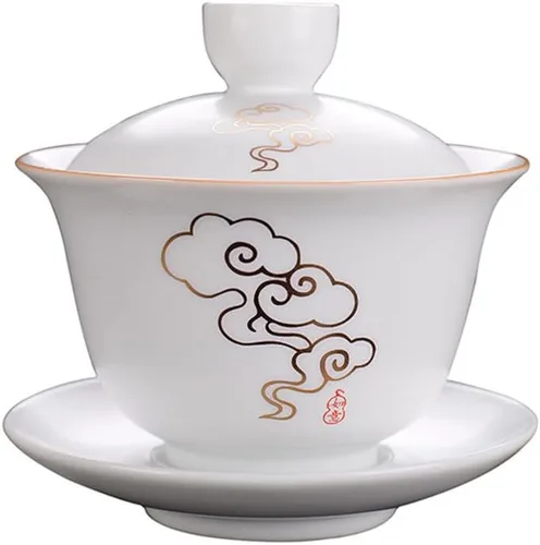 Liang baobao Gaiwan - Taza de té de porcelana de 8 onzas, color blanco esmaltado con borde dorado, sopera china de gongfu, taza de té de gongfu