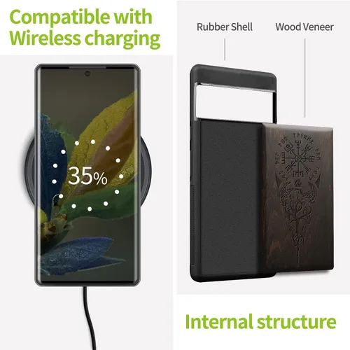 Miniatura 4 de Carveit Funda de madera para Pixel 6 Pro [madera real y TPU suave] a prueba de golpes, híbrida, cubierta de madera única y elegante compatible