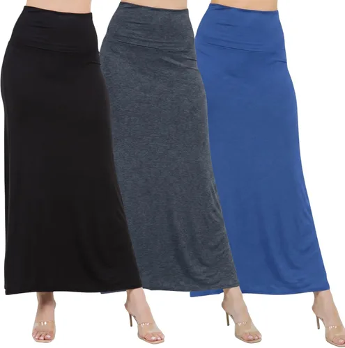 Miniatura 14 de Azules 3 Pack Women’s Maxi Skirt – Soft Stretchy Rayon Fold Over High Waist Long Flowy Boho Skirt for Casual or Dressy Wear