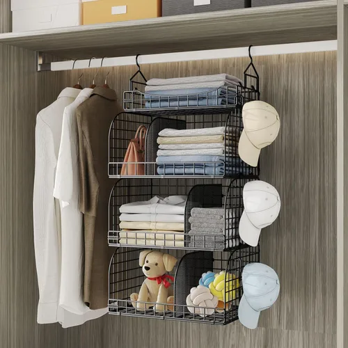 Miniatura 4 de HapiRm Organizador de armario colgante – 4 estantes apilables de metal con divisores y ganchos en S, estantes plegables para ropa, pantalones, Negro