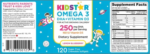 Miniatura 3 de KidStar Nutrients Omega 3 con vitamina D3, alto contenido de DHA, arándano limón, 120 cápsulas blandas masticables