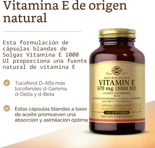 Miniatura 3 de Solgar, Vitamina E, 1.000 IU de D-Alfa-Tocoferol Mixto y Cápsulas Blandas de Tocoferol Mixtas, 100 Unidades, E3561, 1, 1