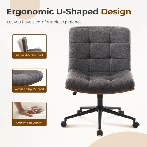Miniatura 7 de Furnimart FSC Silla de Escritorio Ancha de Madera, Silla de Oficina Giratoria 360° Criss Cross con Ruedas, Cómodo Sentado con Piernas Cruzadas, Gris