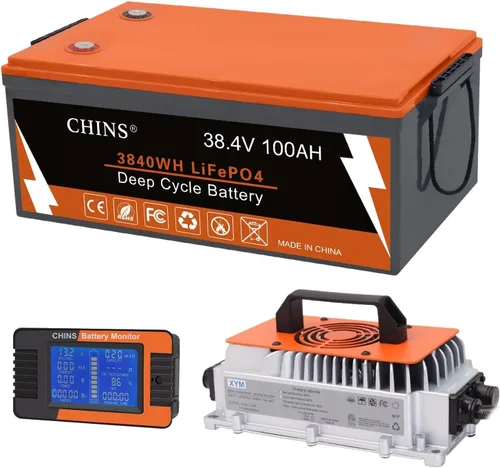 CHINS 36V Batería Bluetooth LiFePO4 para carrito de golf, con BMS de 200A, incluye cargador de litio de 36V 25A y monitor, corriente máxima de