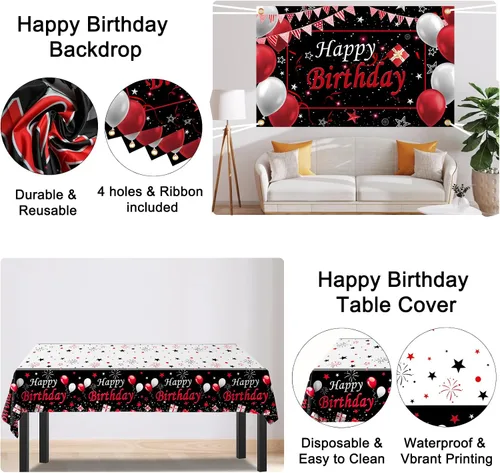 Miniatura 6 de Decoraciones de Cumpleaños Rojas para Hombres Mujeres Niños Niñas, 75 PCS Decoraciones de Fiesta Rojas y Negras Telón de Fondo Pancarta de Feliz