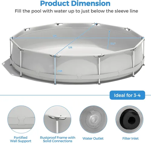 Miniatura 7 de GYMAX Piscina sobre el suelo de 12 x 31.5 pulgadas, piscina con marco de acero con cubierta para piscina, resistente al desgarro, piscina al aire