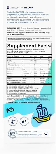 Miniatura 7 de LYSI Littles Aceite de Hígado de Bacalao Enriquecido Sabor a Limón - Omega-3 Puro y Natural para Bebés y Niños con Vitamina D, Islandés, Certificado