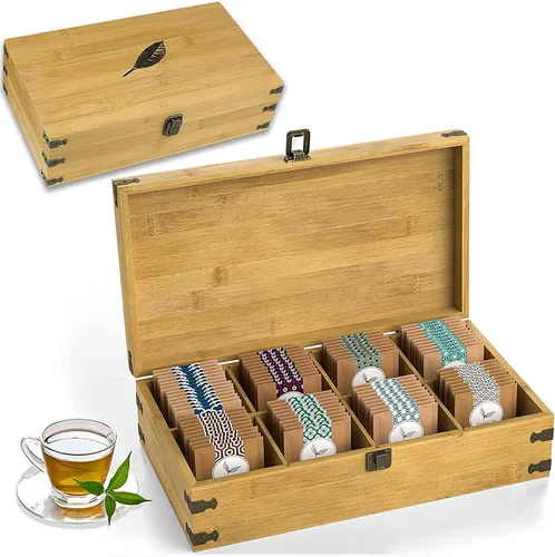 Miniatura 22 de Caja Organizadora de Té de Bambú Libre de Químicos Ecológica Grande, Alta, Compartimentos Ajustables Cofre de Almacenamiento de Madera Natural