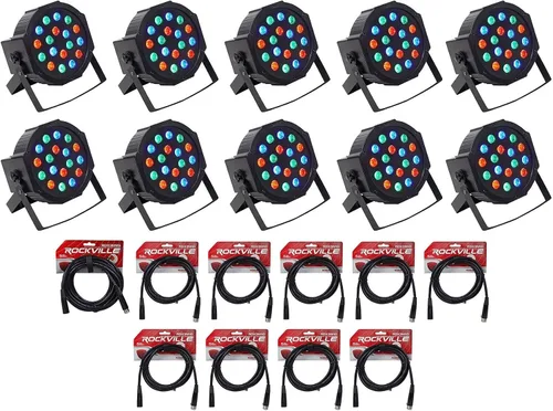 Rockville RockPAR50 - Paquete de 10 luces LED RGB compactas para DJ/Club DMX con doble soporte, cable DMX DMX de 25 pies y 3 pines, (9) cables DMX