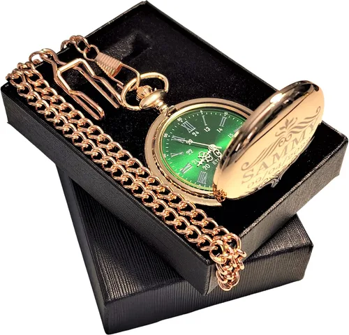 Miniatura 2 de Reloj de bolsillo grabado, reloj con esfera verde con números romanos, viene con cadena, caja y grabado. Reloj de bolsillo estilo vintage