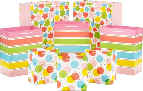 Hallmark Bolsas de regalo de Pascua en varios tamaños (8 bolsas: 3 pequeñas 6", 3 medianas 9", 2 grandes 13") lunares, rayas arcoíris, flores para