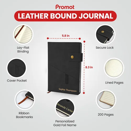 Miniatura 6 de Promot Cuaderno Personalizado - Diario en Cuero A5 con Páginas Rayadas para Hombres y Mujeres - Cuaderno Ejecutivo de Tapa Dura, Diario Diario