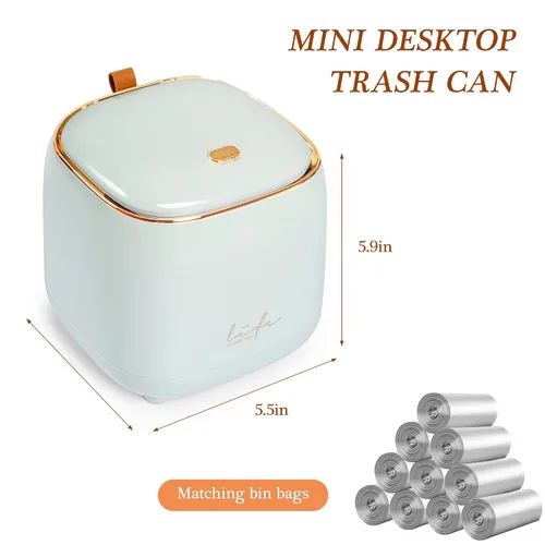 Miniatura 4 de Mini bote de basura para encimera con 10 rollos de bolsas de basura, bote de basura con tapa tipo prensa, papelera de escritorio aplicable