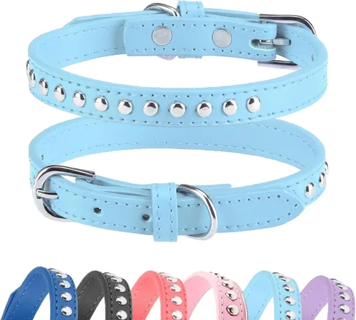 Miniatura 23 de BINGPET Collar de cuero ajustable para perro, collar duradero con tachuelas, con hebilla de metal y anillo en D para perros pequeños, medianos