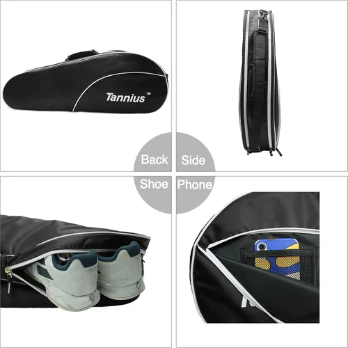 Miniatura 3 de Bolsa para raqueta de tenis Tannius (para 3-5 raquetas), con compartimento para zapatos y teléfono y almohadilla protectora, bolsa de raqueta