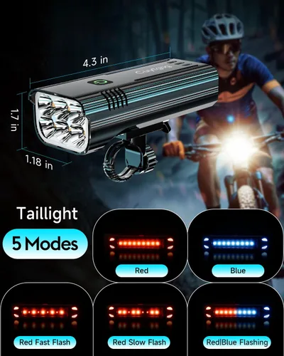 Miniatura 4 de 2026 Upgrade 6800Lumen Bike Light for Night Riding,Super Bright 6 LED Headlight,Aluminum 10 Mode Rechargeable Bicycle Light Front and Negro