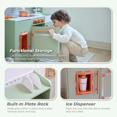 Miniatura 3 de Teamson Kids Little Chef St. Louis - Juego de cocina de madera retro para niños pequeños, juego de cocina de simulación verde con máquina de hielo