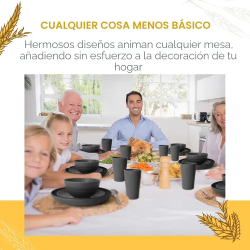 Miniatura 7 de Teivio - Juego de vajilla de paja de trigo de 32 piezas para cocina, juego de platos de plástico irrompible, servicio para 8, juego moderno de Negro