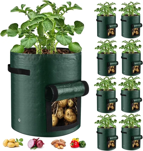 Miniatura 9 de Juego de 3 bolsas de cultivo de 10 galones, macetas de tela de polietileno resistentes con solapa y asas, bolsas de plantación verdes para papas