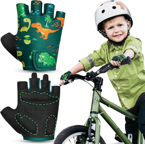 RIGWARL Guantes de bicicleta para niños de 2 a 9 años, guantes sin dedos para niños con cojín protector, guantes de entrenamiento ajustables para