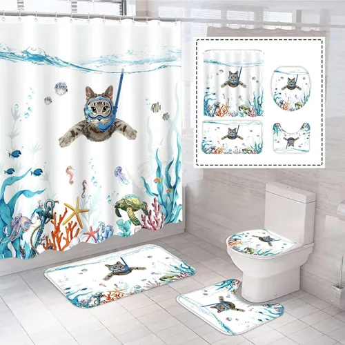 Miniatura 8 de Fungarth Juego de 4 cortinas de ducha de bosque brumoso negro y blanco con alfombra, juegos de baño de montaña con cortina de ducha de tela