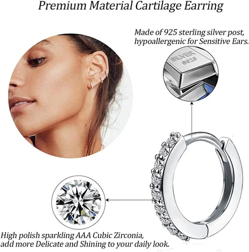 Miniatura 5 de Kainier Aretes de aro chapados en oro de 18 quilates con circonita cúbica, aretes de cartílago, hipoalergénicos para mujeres y niñas, color rosaoro
