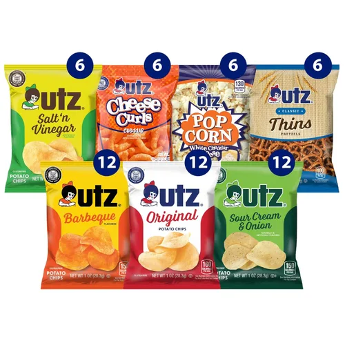 Utz Paquete variado de 60 bocadillos individuales de papas fritas, rizos de queso, palomitas de maíz y pretzel para llevar