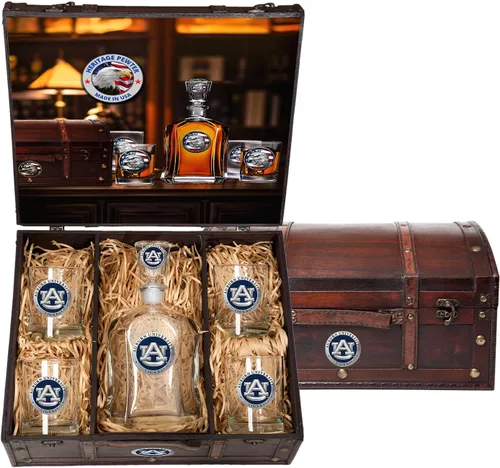 Miniatura 20 de Heritage Pewter Alabama Capitol - Juego de baúl Recipiente de líquido de 24 onzas con 4 vasos de agua Vidrio de peltre elaborado por expertos