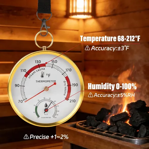 Miniatura 5 de Combo de termómetro de sauna Fahrenheit e higrómetro con soporte de cordón, termómetro colgante para sala de sauna, sauna de vapor portátil, rango