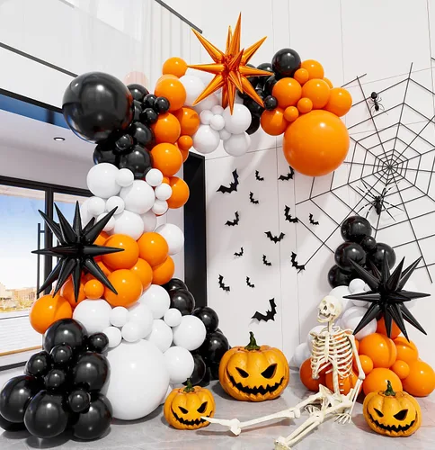 Kit de arco de guirnalda de globos de Halloween, 116 piezas de arco de globos naranja y negro blanco, globos de papel de aluminio con estrella,