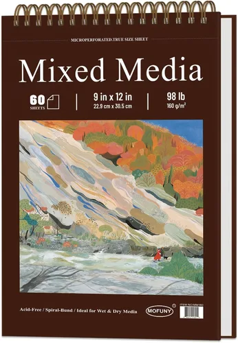 Cuaderno de bocetos para medios mixtos de 9" x 12" - Cuaderno de bocetos multimedia de tapa dura, encuadernado en espiral, 60 hojas de papel para