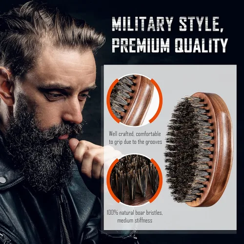 Miniatura 3 de BFWood Cepillo para barba de cerdas de jabalí, estilo militar de nogal de madera negra, cepillo de bigote de madera para hombre